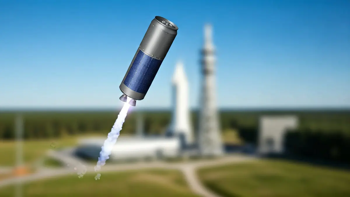 Imagen de un pequeño satélite del tamaño de una lata de refresco siendo lanzado por un cohete.
