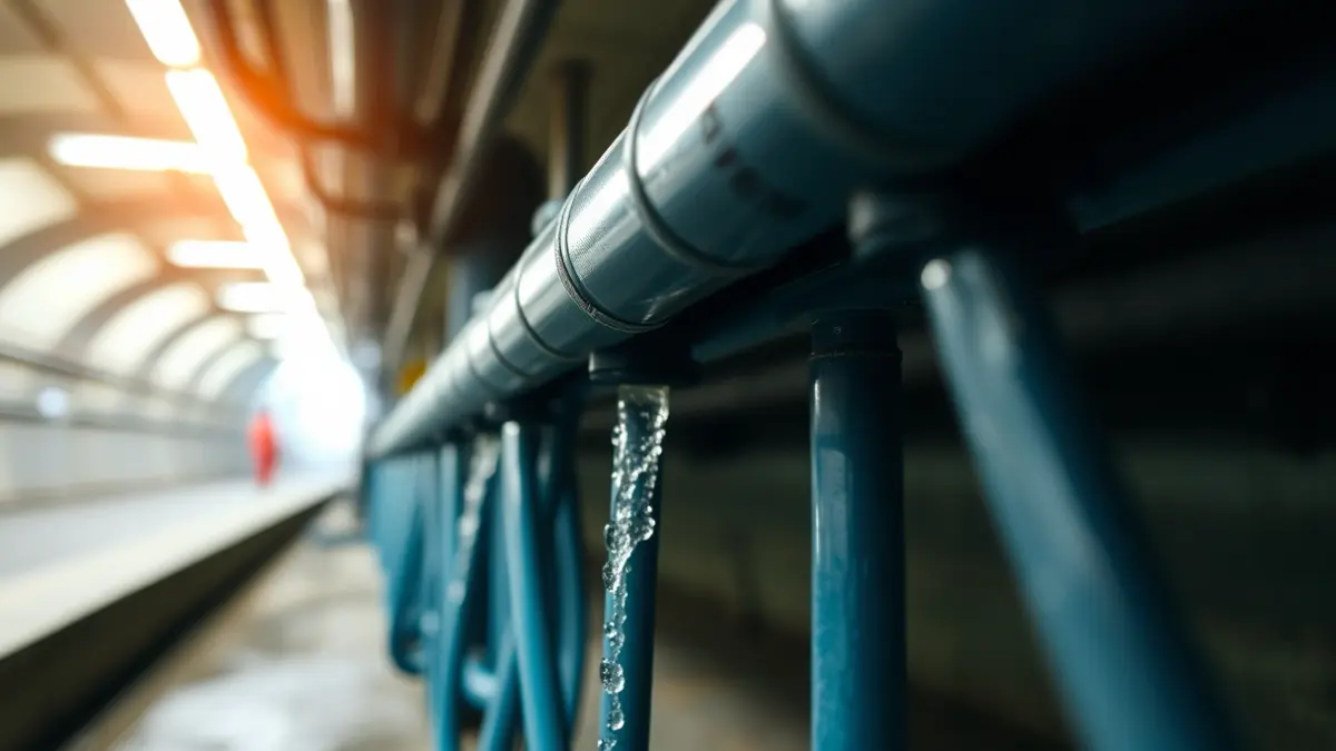 Imagen genérica de tuberías de agua subterráneas en un entorno urbano, con indicadores de energía térmica.