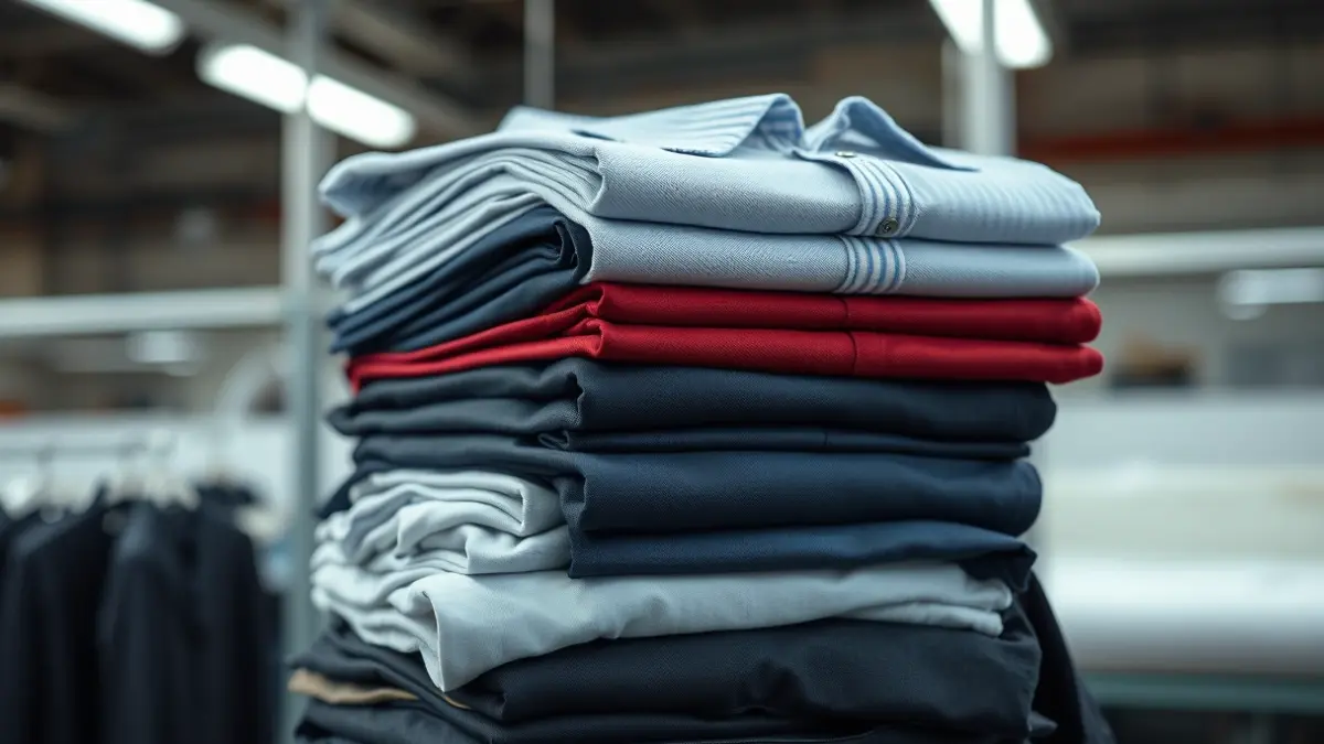 Imaxe xenérica de uniformes de traballo apilados, mostrando a calidade do tecido.