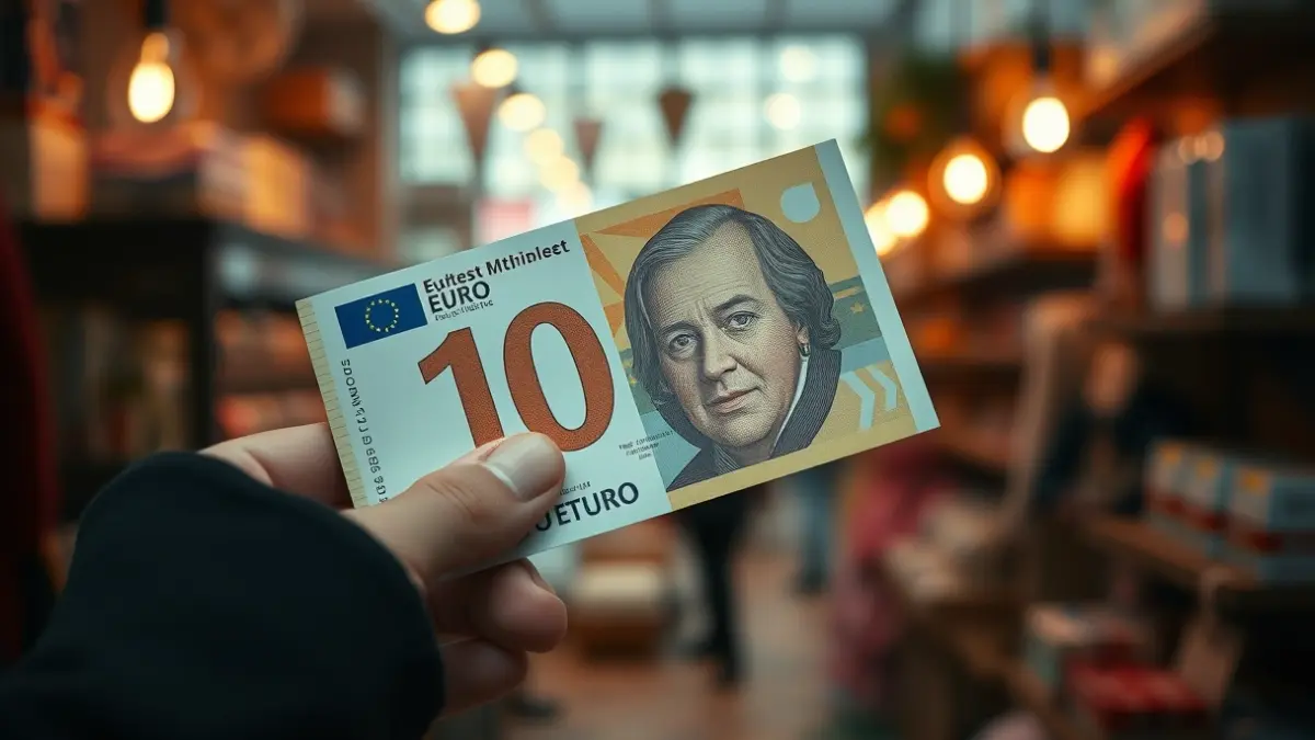 Imagen genérica de un billete de 10 euros en una mano, con el interior borroso de una tienda.
