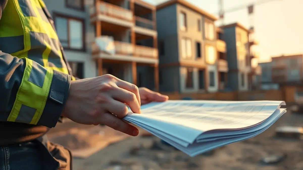 Imagen genérica de manos de un trabajador de la construcción sosteniendo planos.