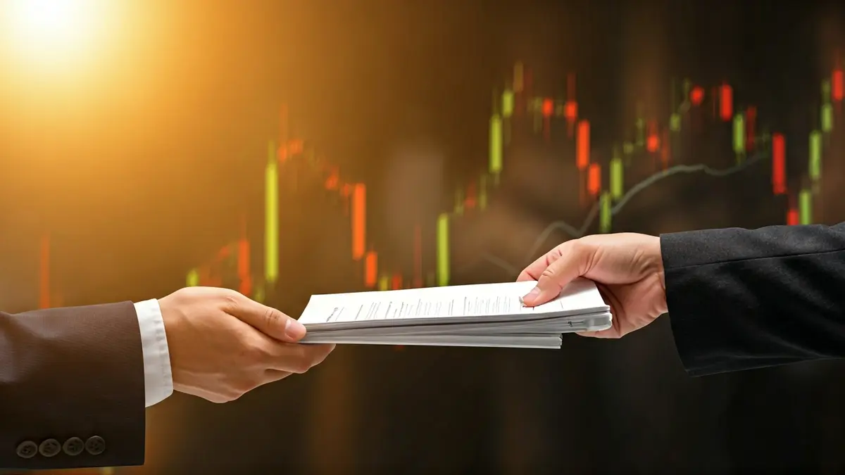 Imagen genérica de manos intercambiando un documento, con gráficos financieros borrosos al fondo, simbolizando la propiedad intelectual y la financiación.