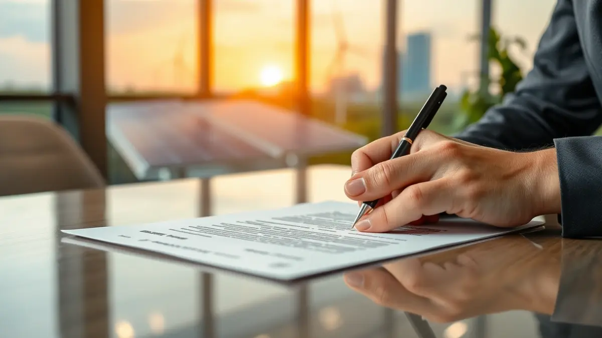 Image of a hand signing a document on an office desk, with renewable energy infrastructure in the background.
