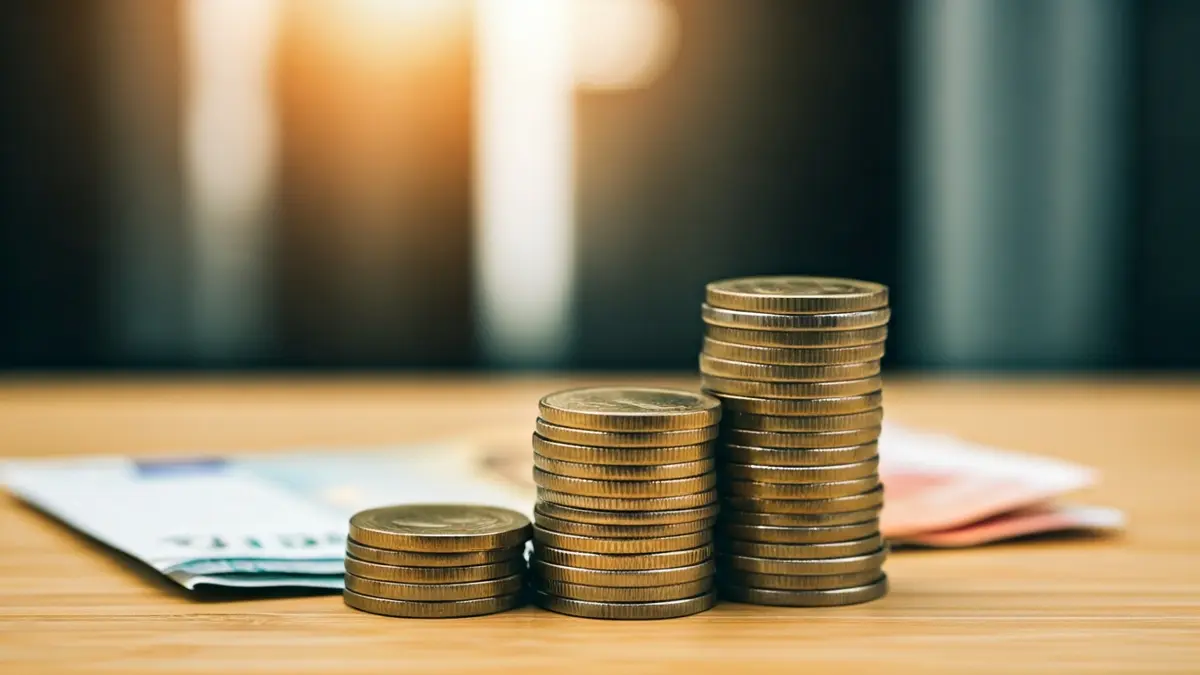 Imagen genérica de una pila de monedas y billetes, con edificios de oficinas y un gráfico borroso de fondo, representando la actividad económica en Euskadi.