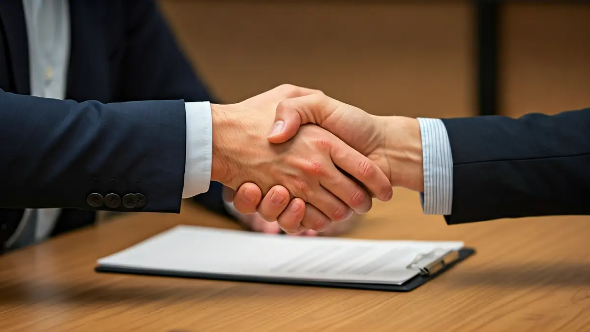 Imagen genérica de dos manos estrechándose sobre un escritorio en un entorno de negocios.