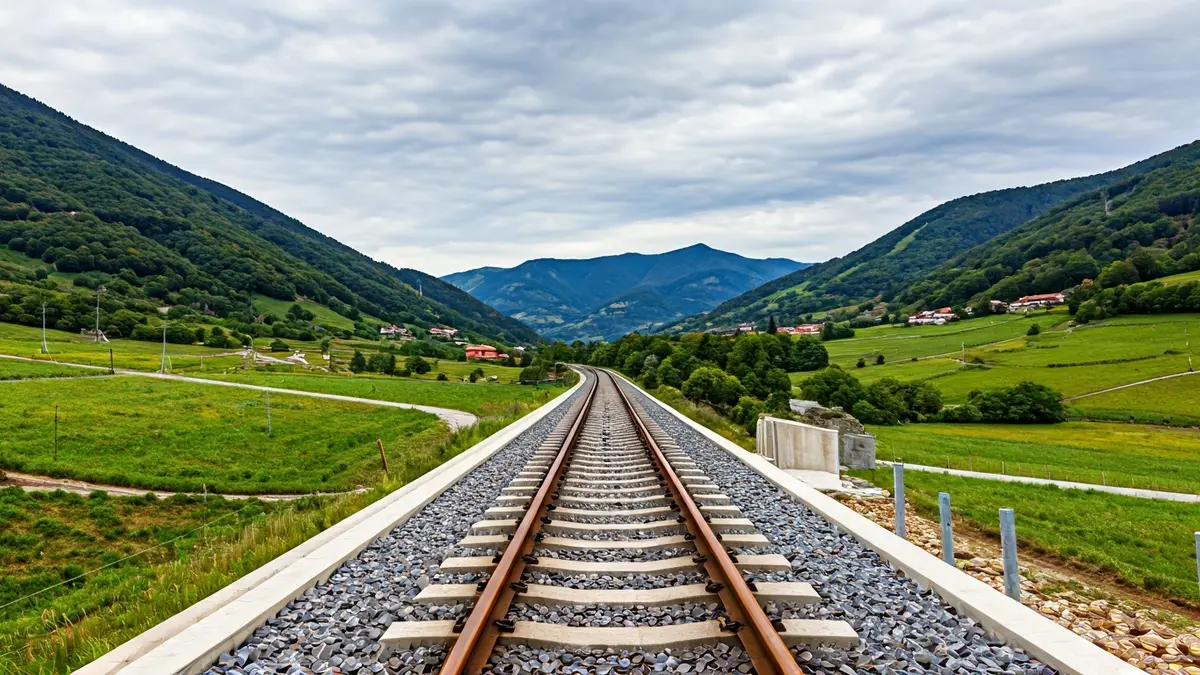 Imagen genérica de las obras de la Y vasca, mostrando vías de tren y montañas.