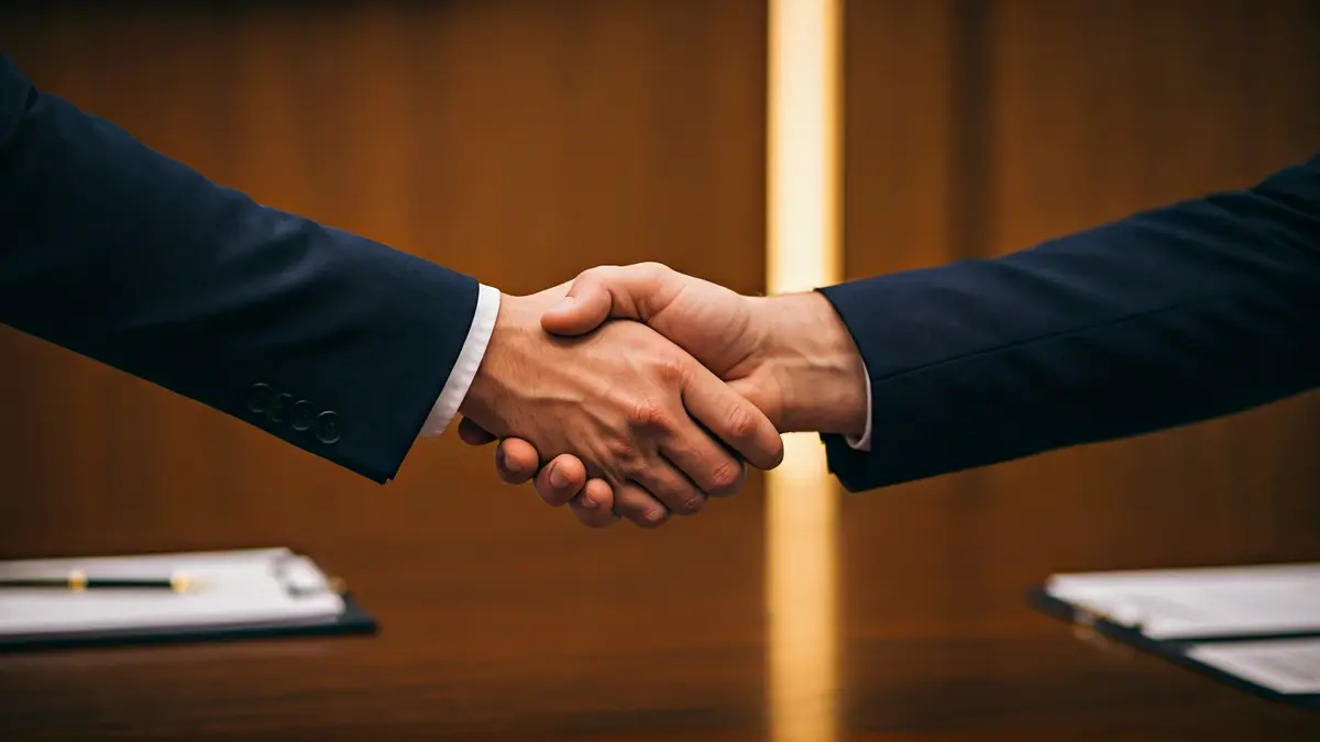 Imagen genérica de manos estrechándose sobre un escritorio en un ambiente de oficina cálido.