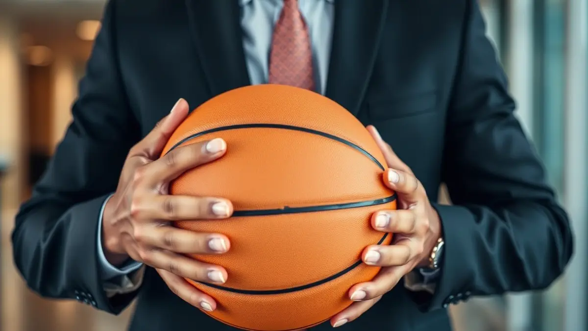 Imagen de un jugador de baloncesto con un fondo corporativo, simbolizando la transición al mundo empresarial.