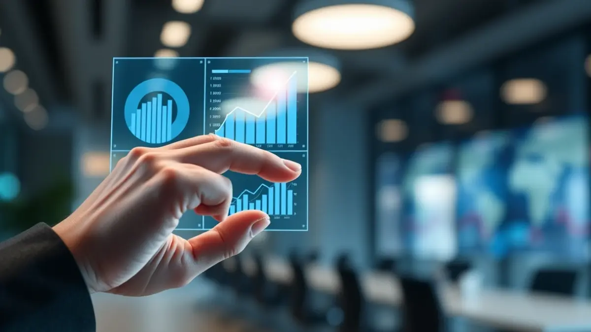 Imagen genérica de una mano interactuando con una interfaz holográfica de análisis de negocio, simbolizando la integración de la IA en las operaciones empresariales.