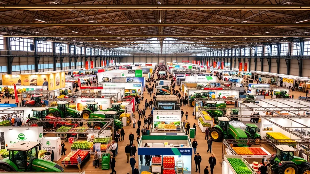 Imagen de una feria agrícola con stands y maquinaria.
