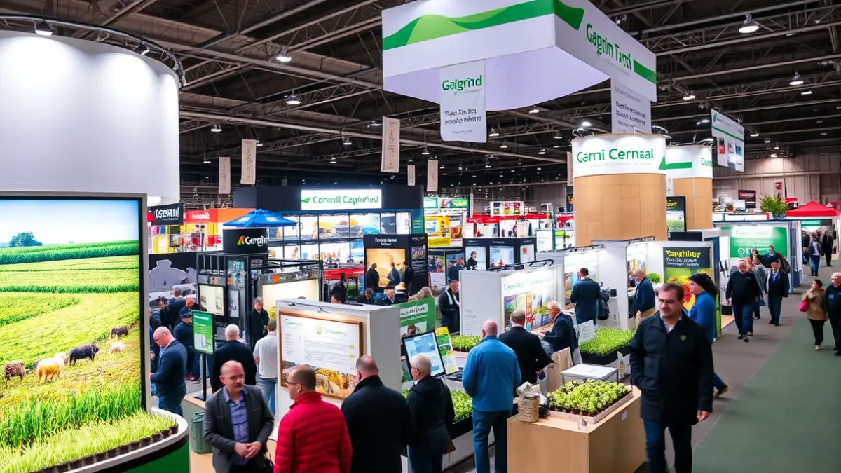 Imagen de una feria agrícola con stands y visitantes, mostrando tecnología y sostenibilidad.