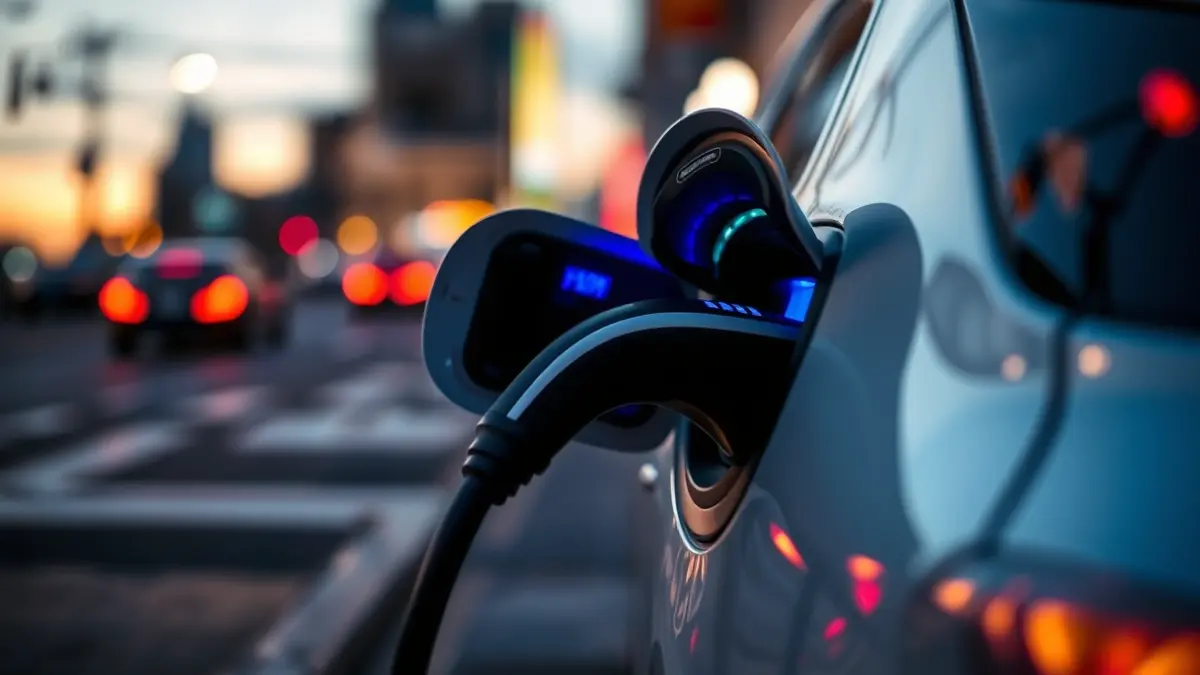 Generic image of an electric vehicle charging in an urban setting.