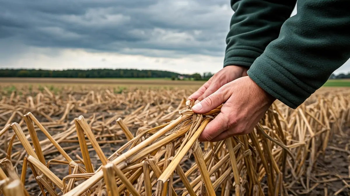 Farmer's hands inspecting damaged crops in a field.