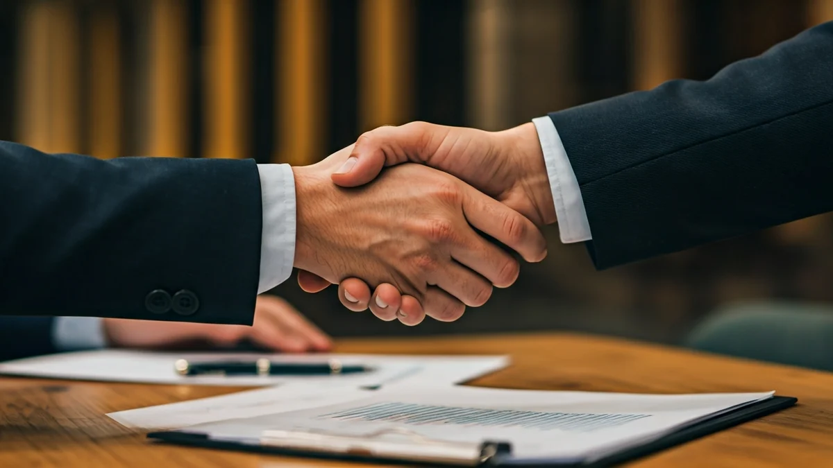 Generic image of hands shaking over a desk, symbolizing cooperation and investment.