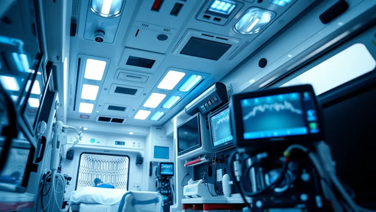 Imagen genérica del interior de una ambulancia moderna con equipamiento médico avanzado.