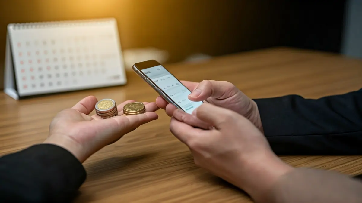 Generic image of a person checking their bank account on a mobile phone with euro coins.