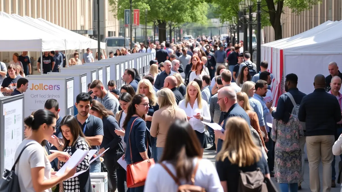 Generic image of a job fair with people interacting at booths.