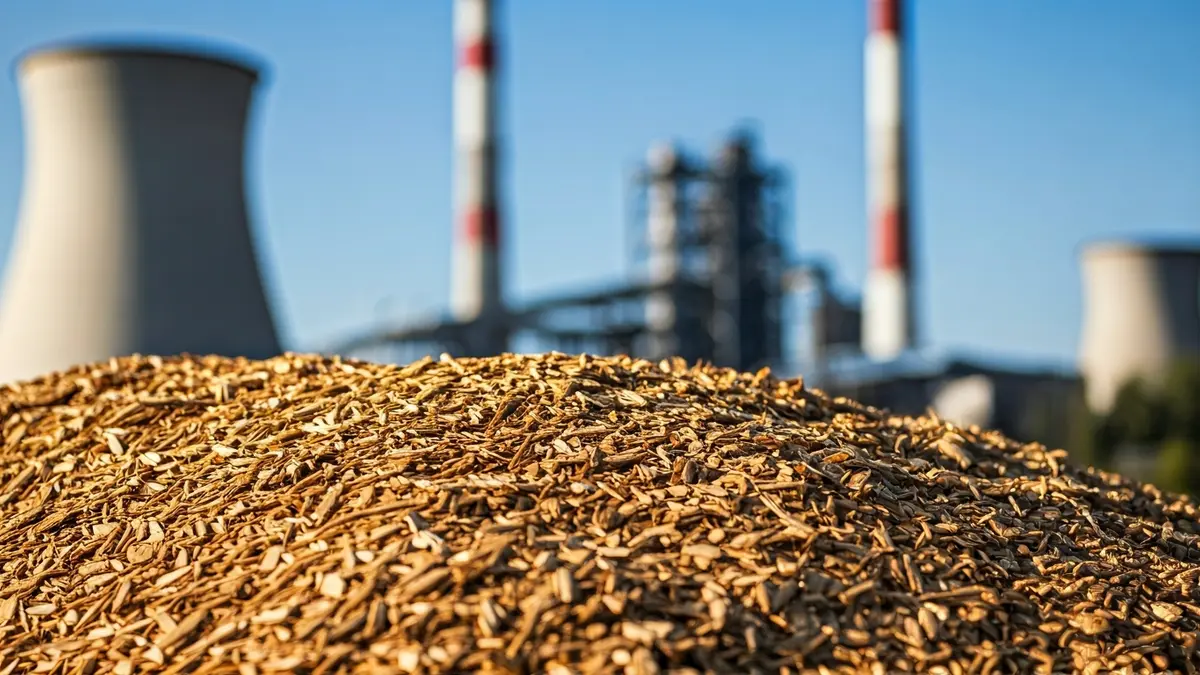 Imagen genérica de biomasa y una planta industrial al fondo.