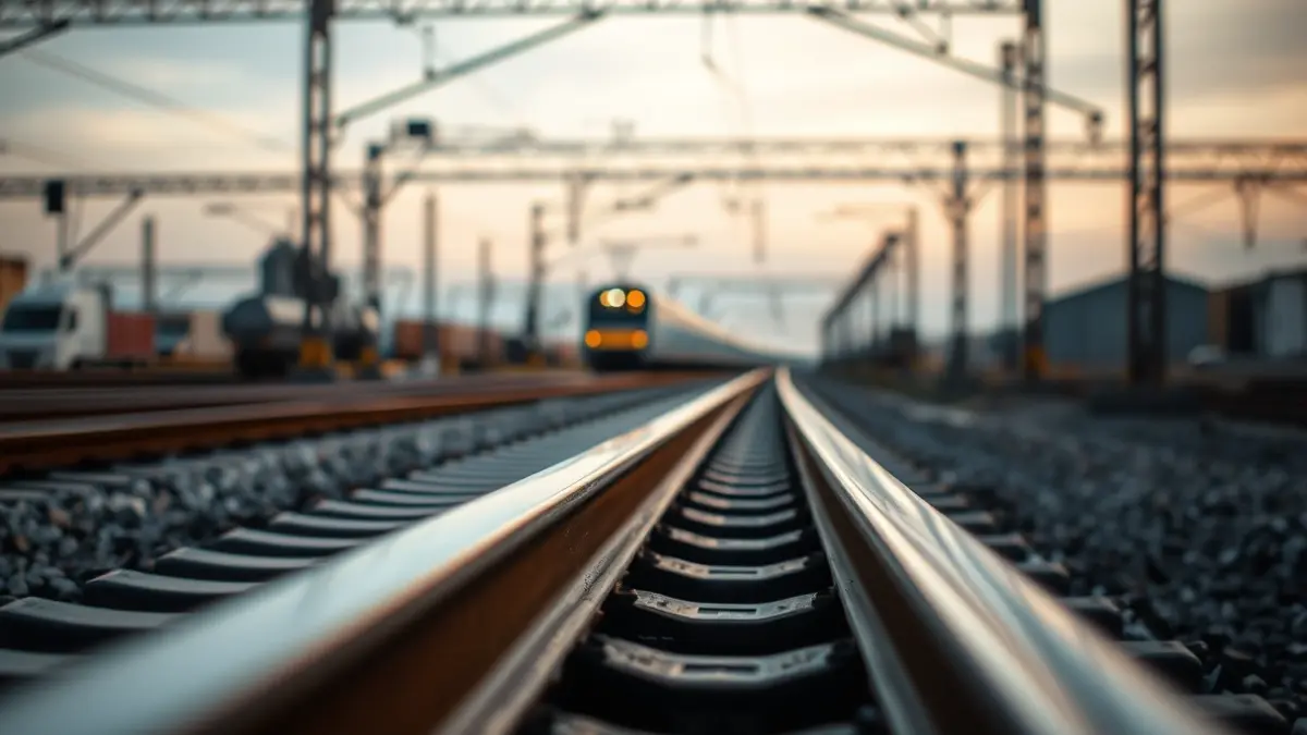 Imagen genérica de vías de tren con el tren acercándose al fondo.