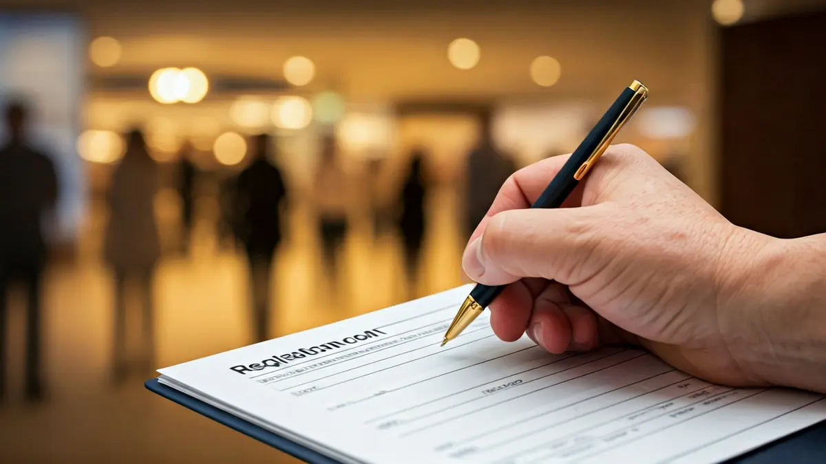 Generic image of a hand filling out an exhibition registration form.
