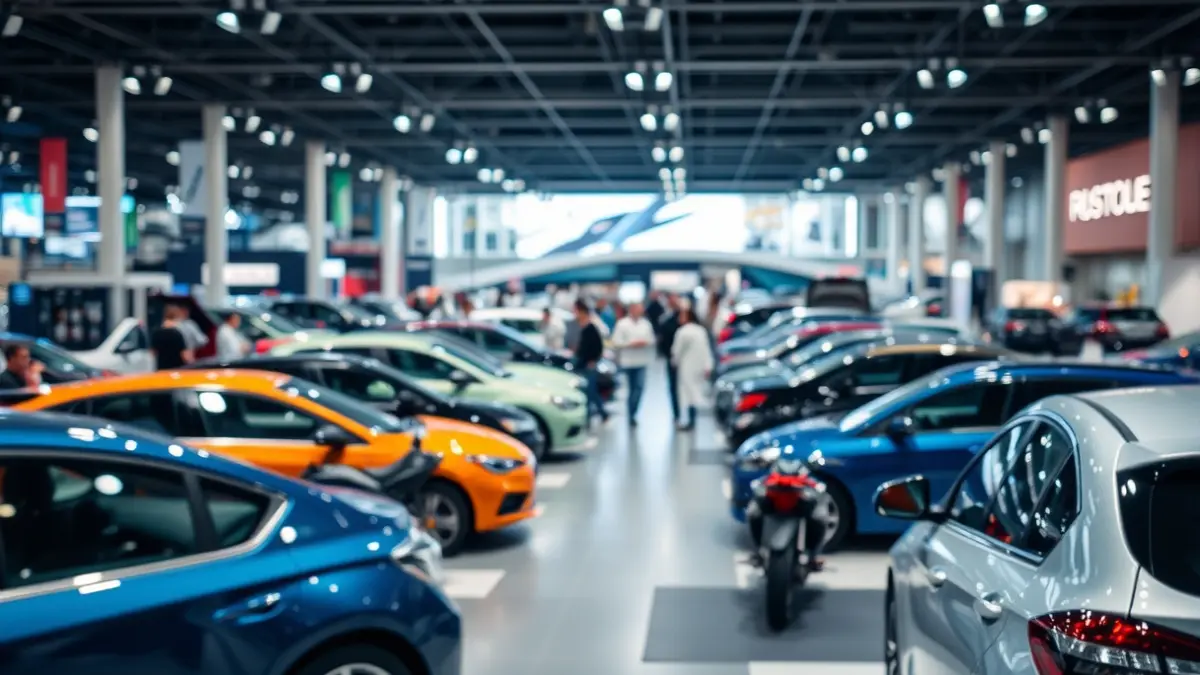 Imagen genérica de un salón del automóvil con coches y motos expuestos y visitantes.