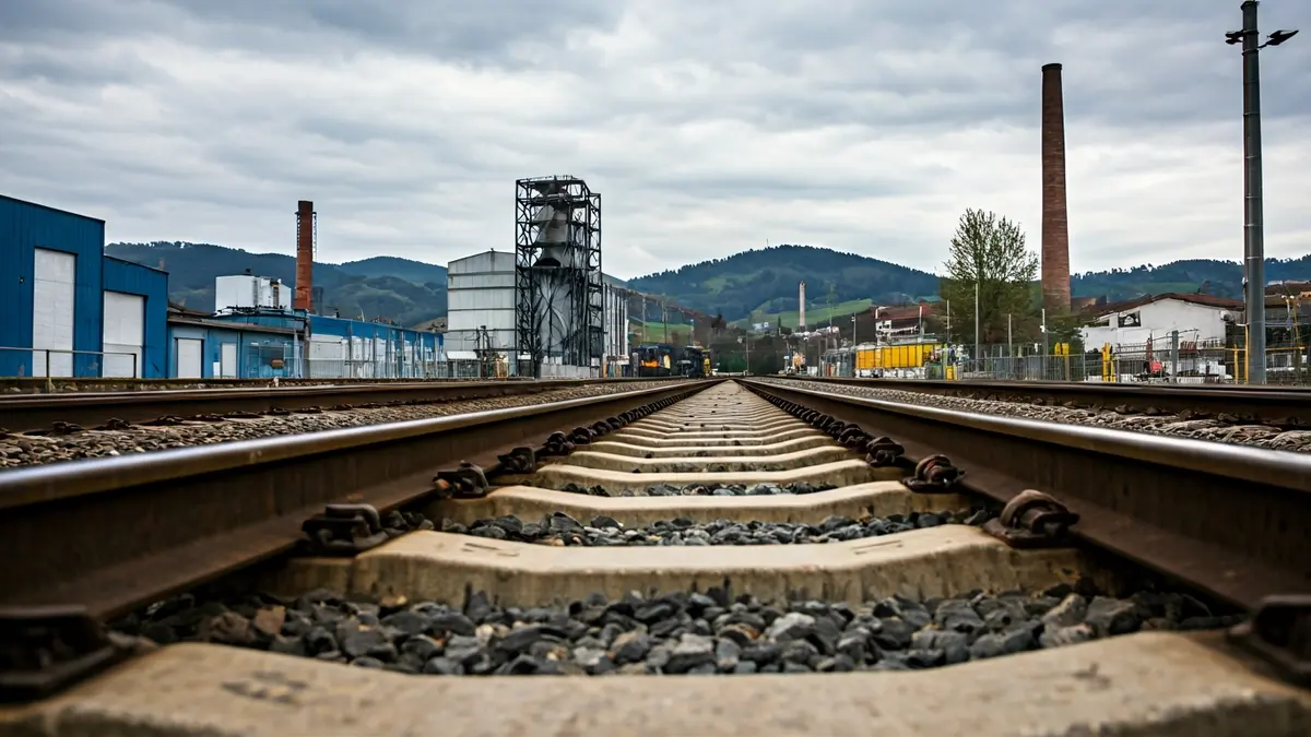 Imagen genérica de una vía de tren con edificios industriales difuminados al fondo, en un paisaje industrial vasco.