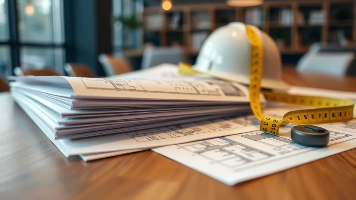 Generic image of architectural blueprints and construction tools, symbolizing real estate development.