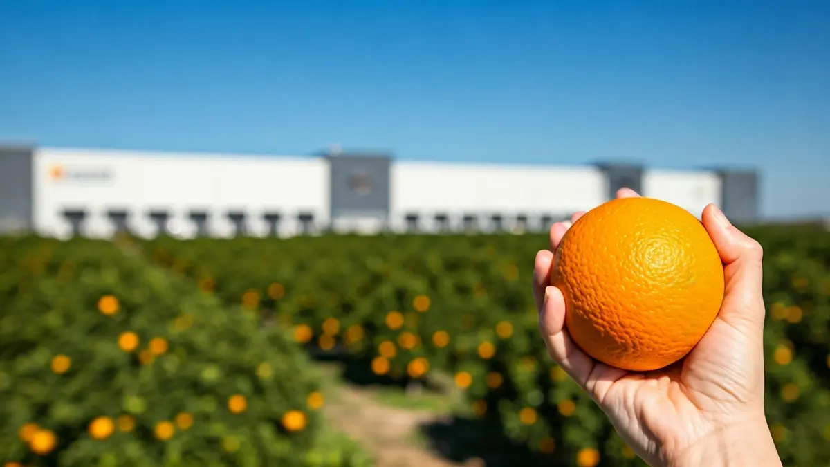 Imagen de una mano sosteniendo una naranja con campos de cítricos y un centro de distribución al fondo.