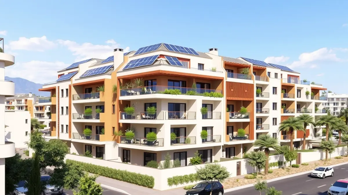 Imagen de un edificio residencial moderno con paneles solares y elementos verdes en un entorno urbano.