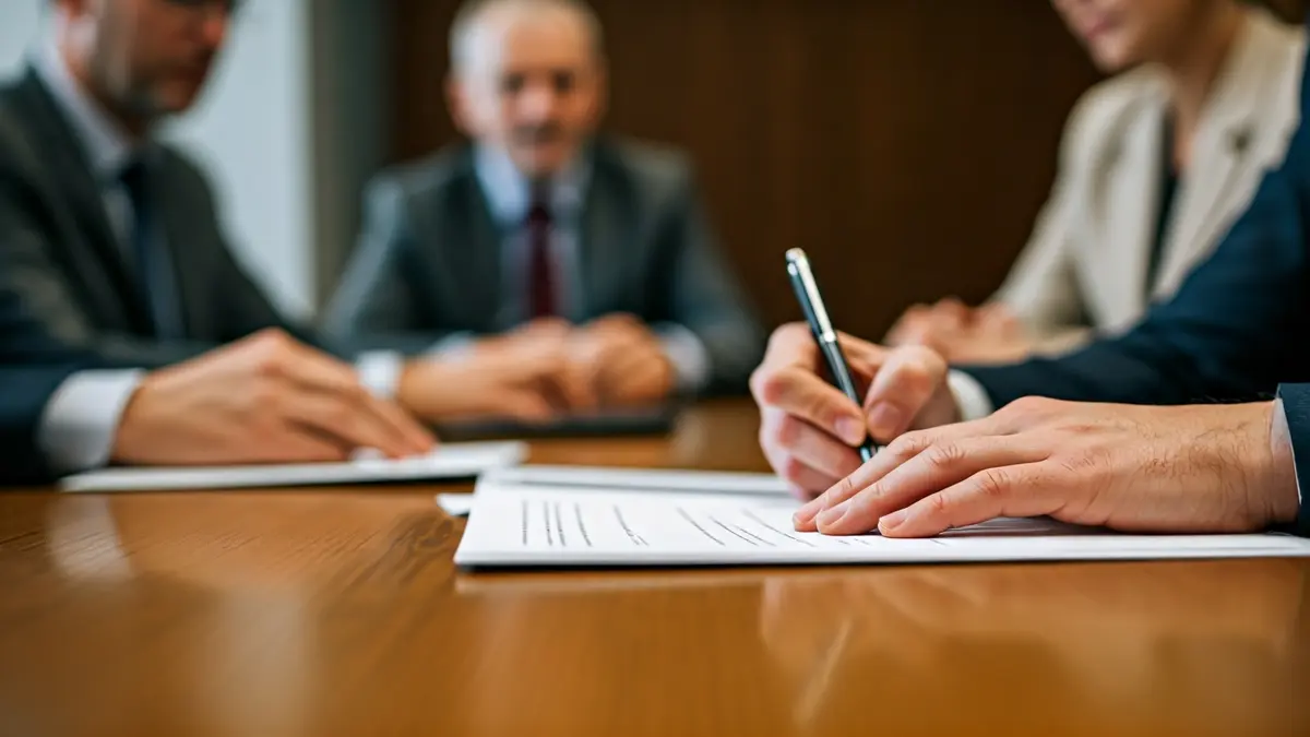 Generic image of hands signing a document on a conference table.