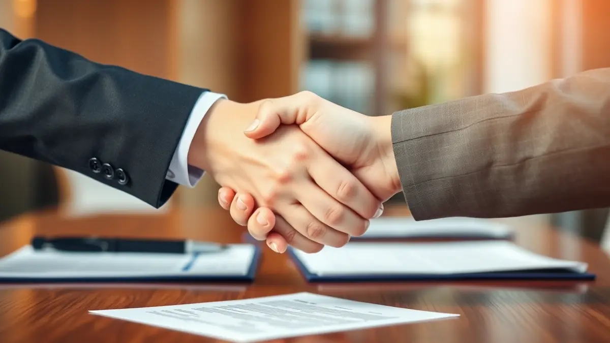 Generic image of a handshake over a desk with documents, symbolizing a business agreement.