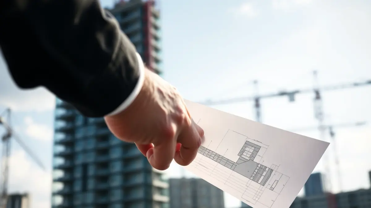 Imagen genérica de un plano arquitectónico con edificios industriales al fondo, simbolizando inversión y desarrollo.