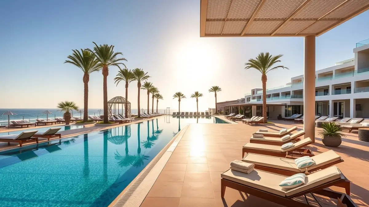 Image of a luxury hotel with a beach club atmosphere on the coast of Cádiz.