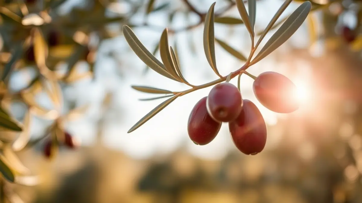 Imagen genérica de una rama de olivo con aceitunas maduras bajo el sol andaluz.
