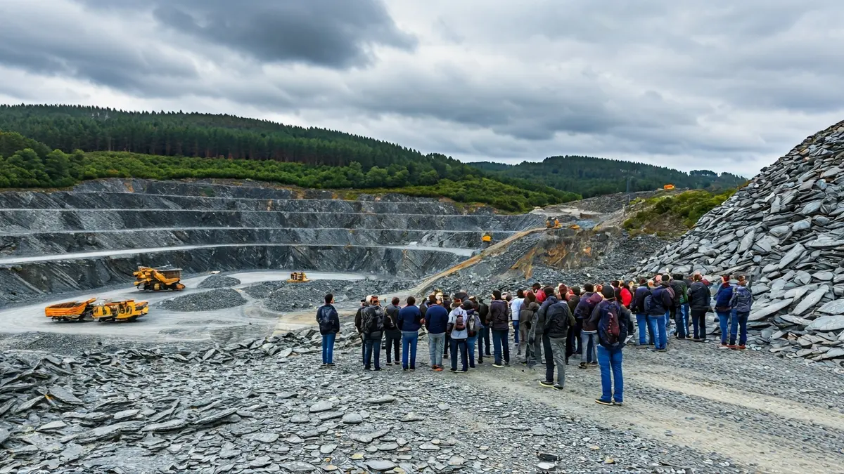 Estudiantes de ingeniería observando la extracción de pizarra en una cantera en Valdeorras.