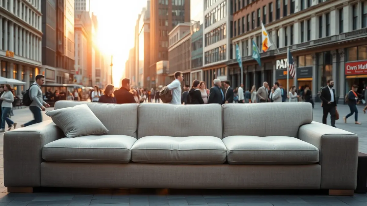 Imagen de un sofá gigante en una plaza urbana, con gente alrededor.