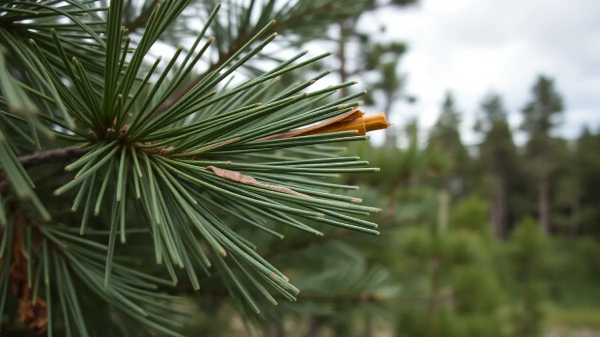 Imagen de agujas de pino afectadas por la banda marrón.
