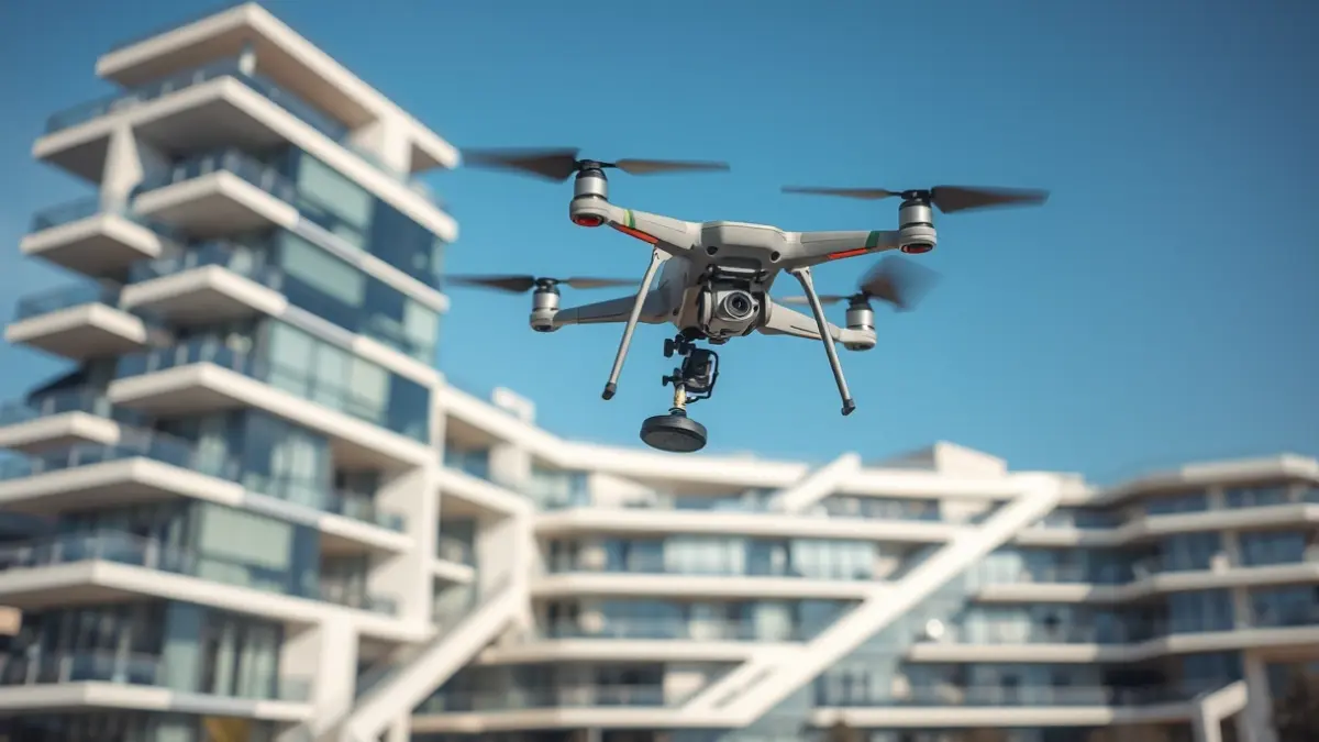 Imagen de un dron de limpieza especializado operando cerca de un edificio moderno con grandes superficies de cristal.
