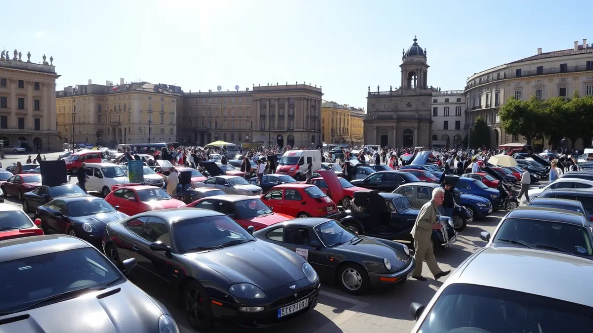 Image of an outdoor motor fair in a Mediterranean city center, with vehicles on display and people walking around.