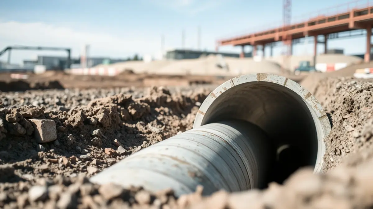 Imagen de un colector de aguas pluviales de gran diámetro instalado en una zona industrial.