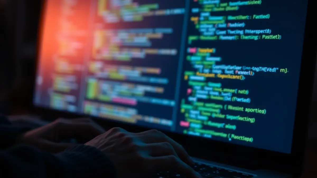 Imaxe xenérica de ciberseguridade, cunha pantalla de ordenador mostrando código e mans tecleando.