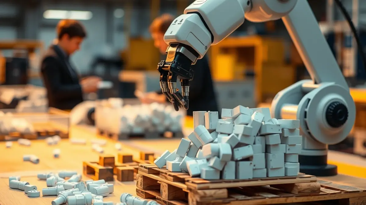 Brazo de robot colaborativo clasificando y paletizando piezas, con estudiantes y equipo técnico difuminados al fondo.