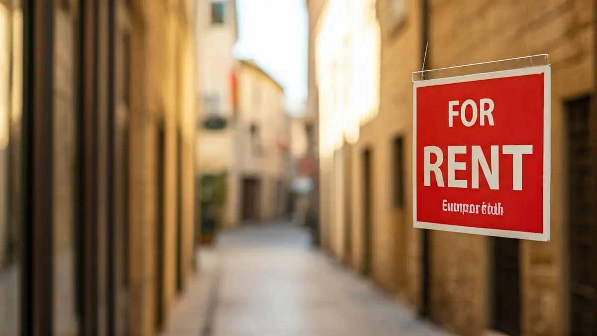 Imagen genérica de un cartel de 'Se Alquila' en una ventana, con edificios históricos de fondo.