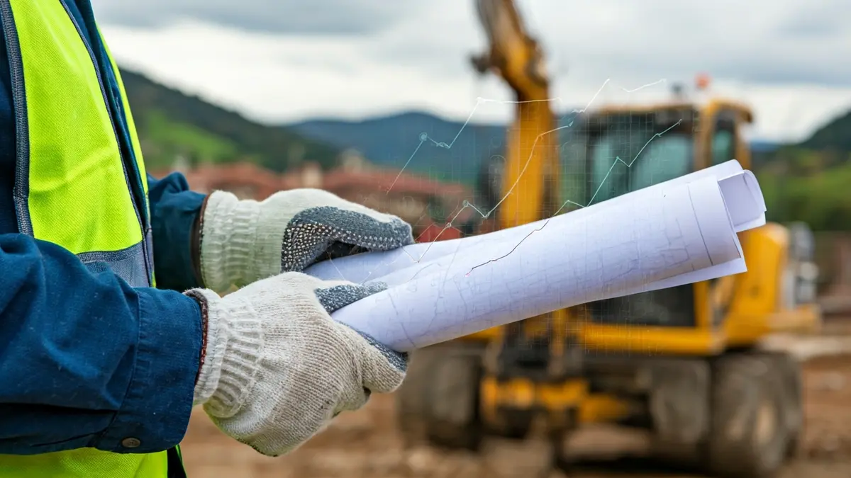 Manos enguantadas de un trabajador de la construcción sosteniendo un plano, con maquinaria de construcción borrosa y gráficos de aumento de costes al fondo, en un paisaje del País Vasco.