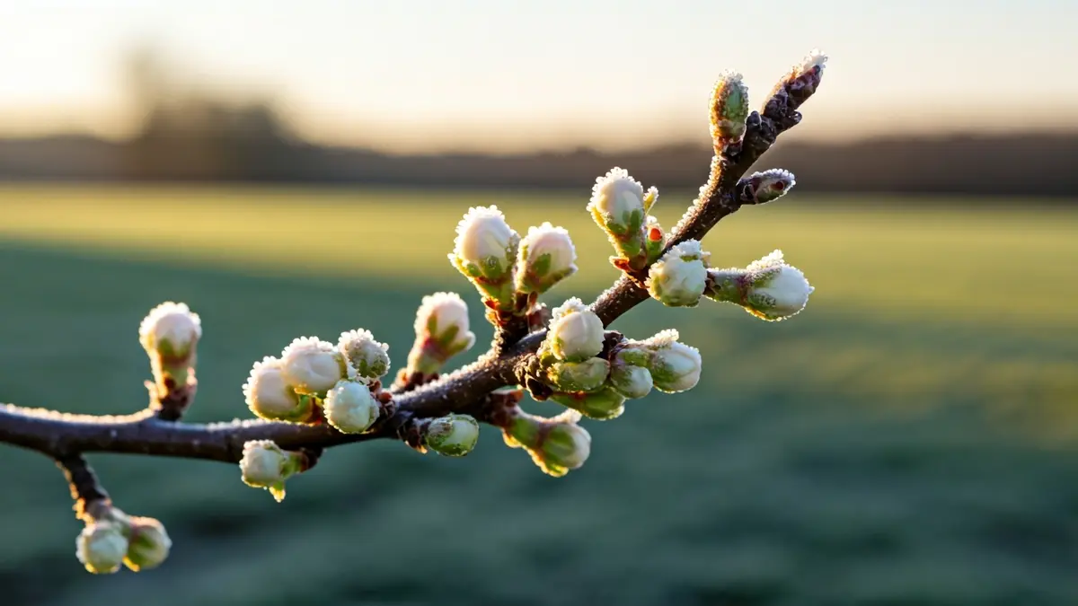 Generic image of young fruit tree blossoms covered in frost.