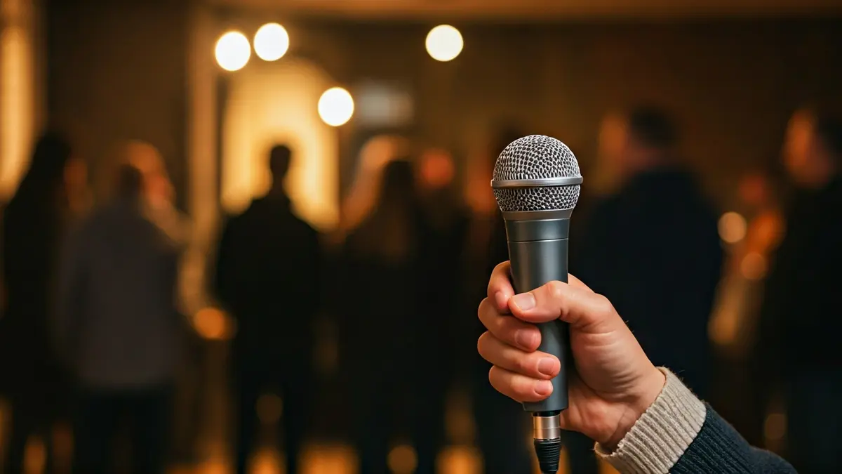Generic image of a person holding a microphone during a podcast recording.