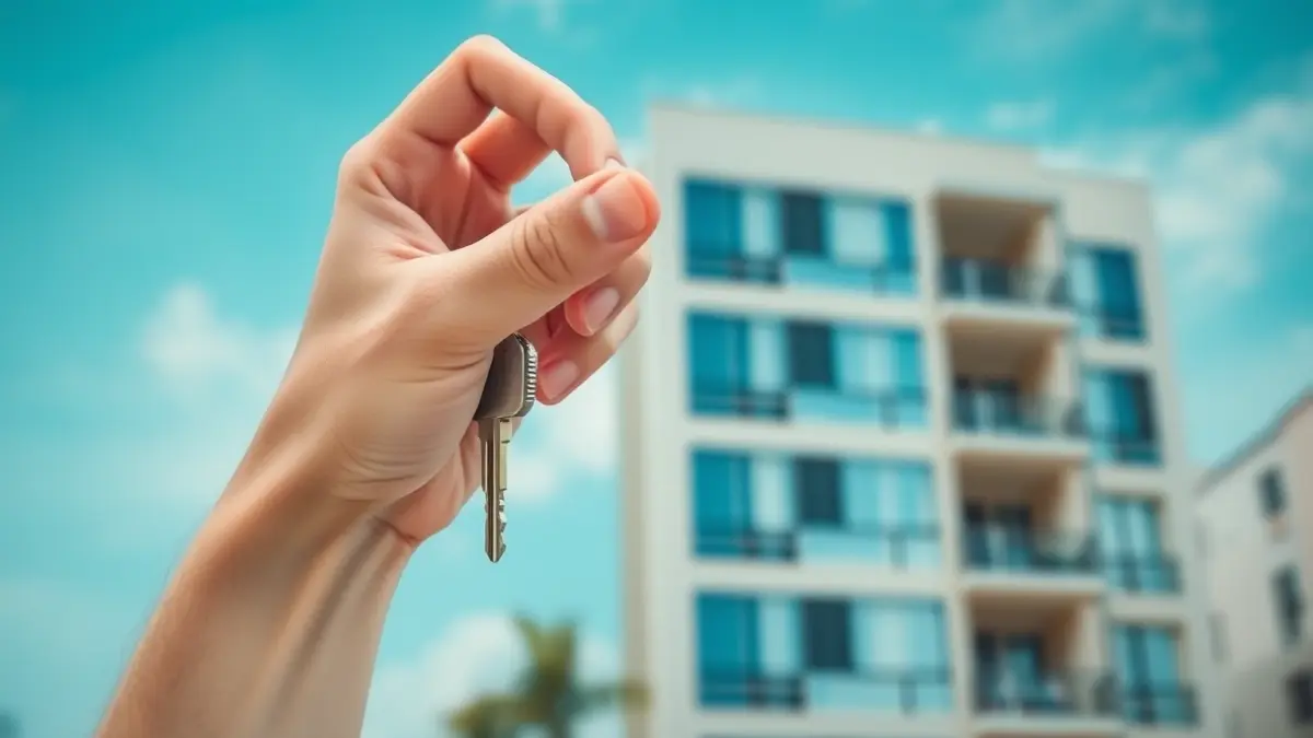 Generic image of a hand holding a house key, with a modern apartment building in the background.