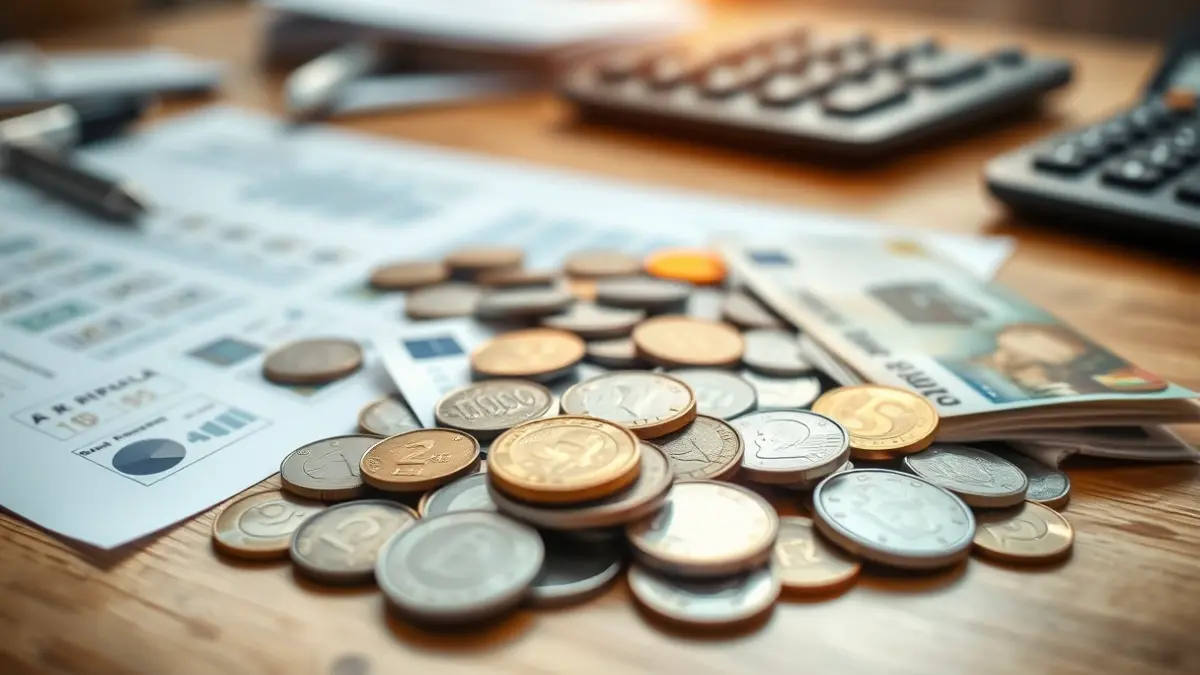Generic image of euro coins and banknotes on a wooden table, with blurred official documents in the background.