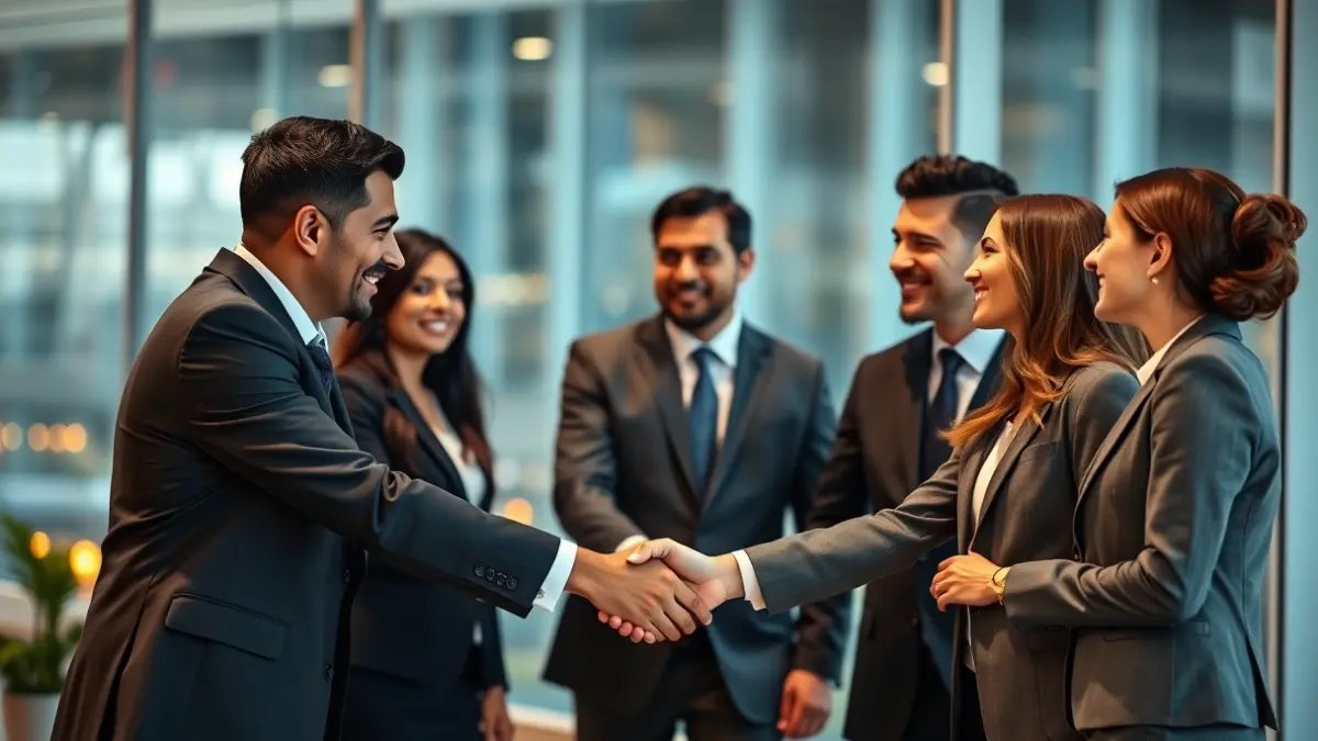 Generic image of business professionals shaking hands in a modern office.