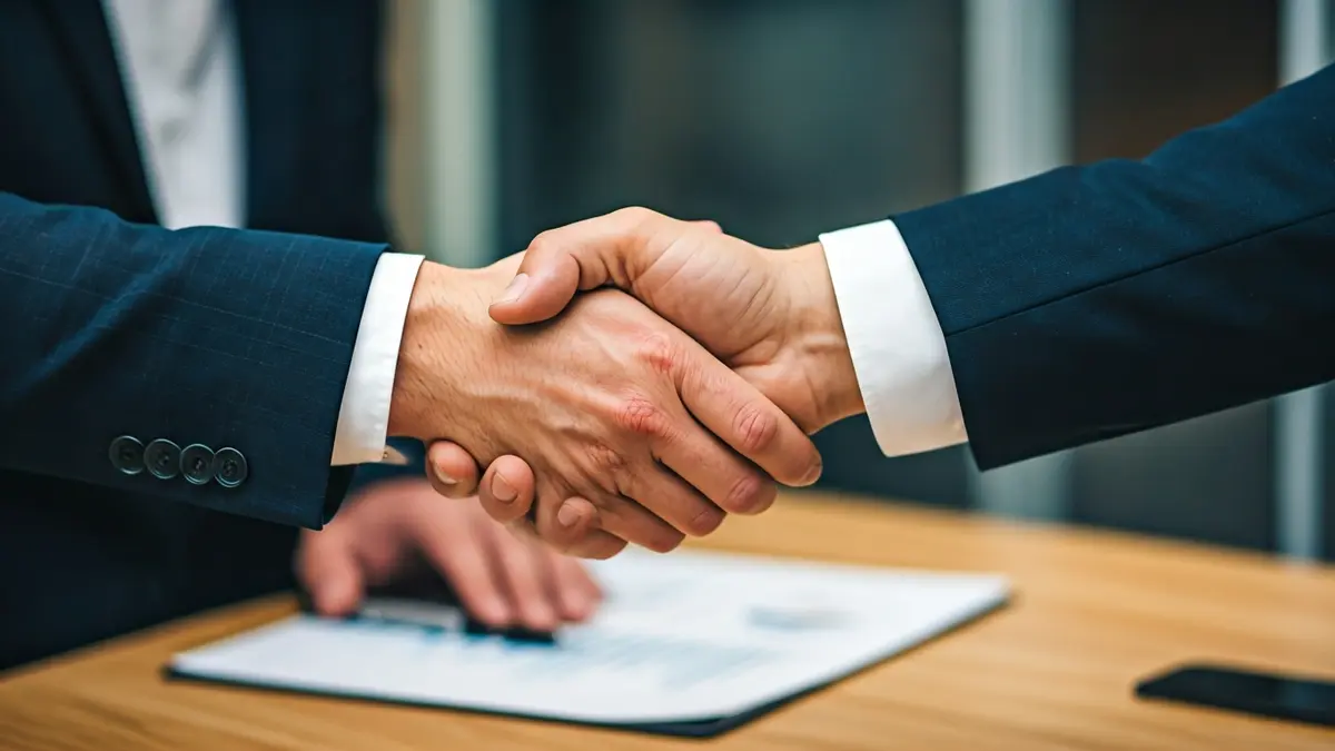 Imagen genérica de colaboración empresarial, manos estrechándose sobre un escritorio.
